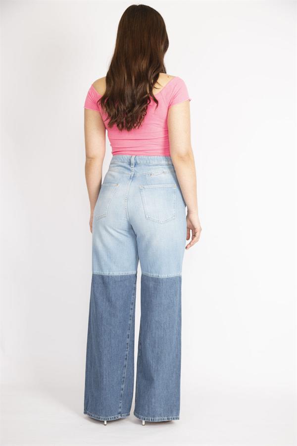 Kadın Mavi Büyük Beden Renk Detaylı Geniş Paça Kot Pantolon