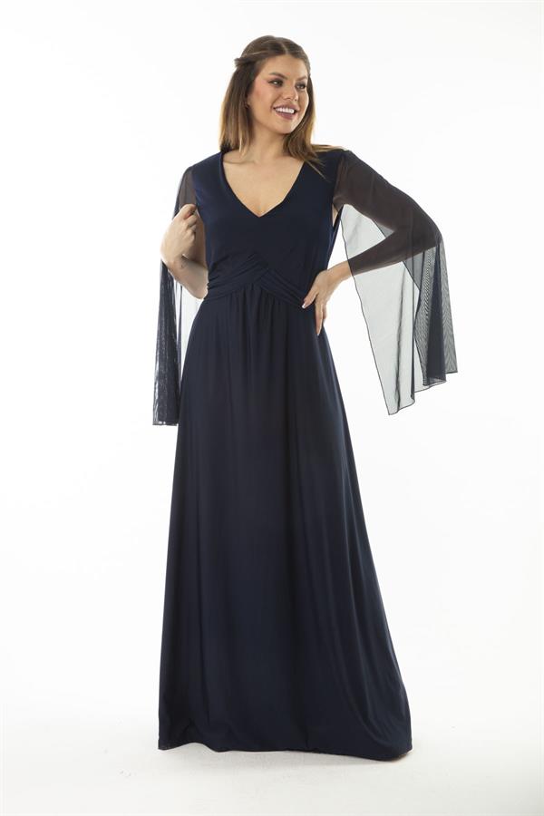 Kadın Büyük Beden Lacivert Bel Detaylı Kolları Tül Abiye Elbise 65N37065