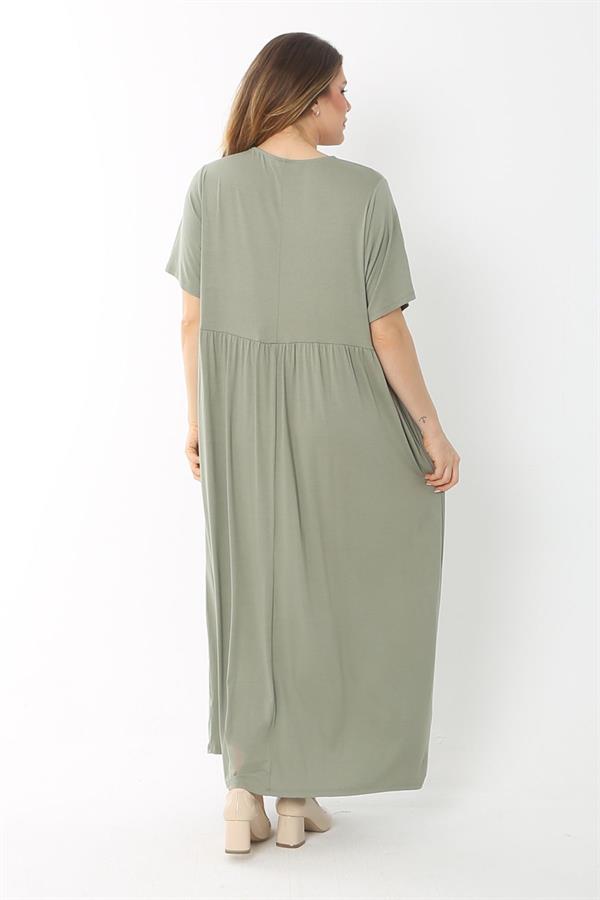 Kadın Büyük Beden Haki Bel Büzgülü Kısa Kollu Uzun Elbise 65N37757