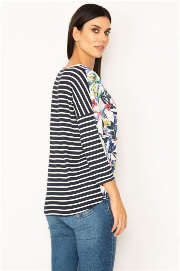 V-NECKED BLOUSE WITH STRIPED AND FLORAL PATTERNS