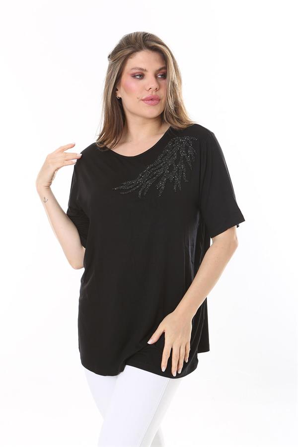Kadın Büyük Beden Siyah Taş Detaylı Bluz 65N37802