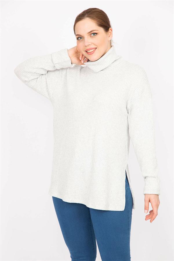 Kadın Gri Büyük Beden Boğazlı Yaka Yumoş Kumaş Kendinden Çizgili Tunik