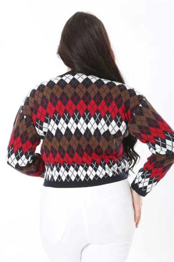 Kadın Büyük Beden Lacivert Baklava Desen Ön Düğmeli Triko Hırka 65N38863