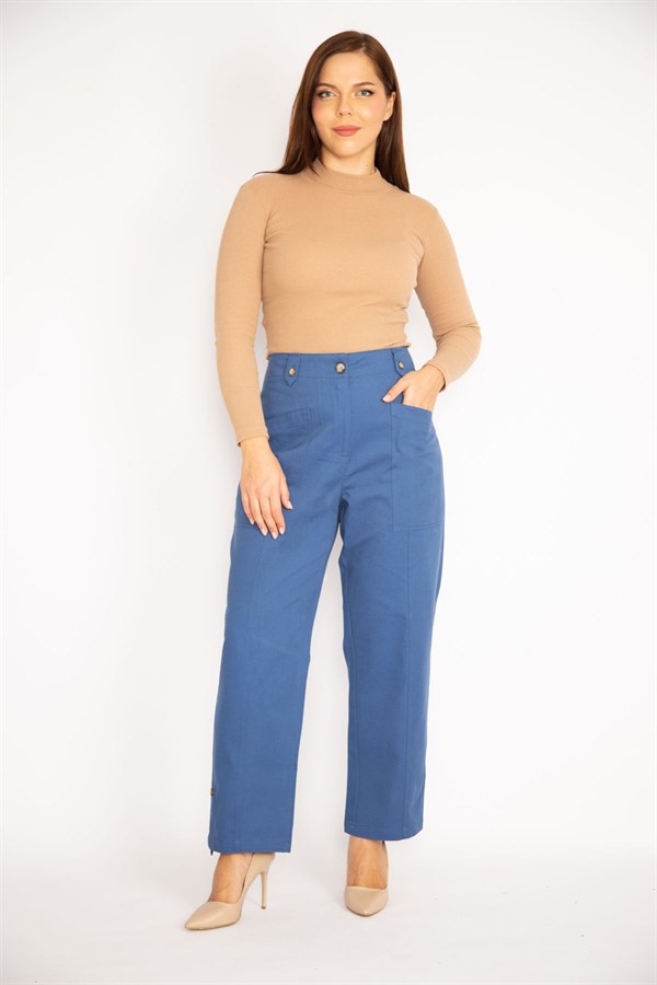 Kadın İndigo Ön Cepli Paçası Düğme İle Duble Paça Boy Ayarlı Gabardin Kumaş Pantolon 65N34888
