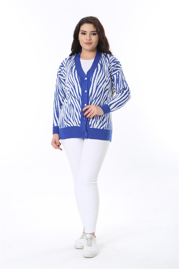 Kadın Büyük Beden Saks Ön Düğmeli Triko Hırka 65N38566