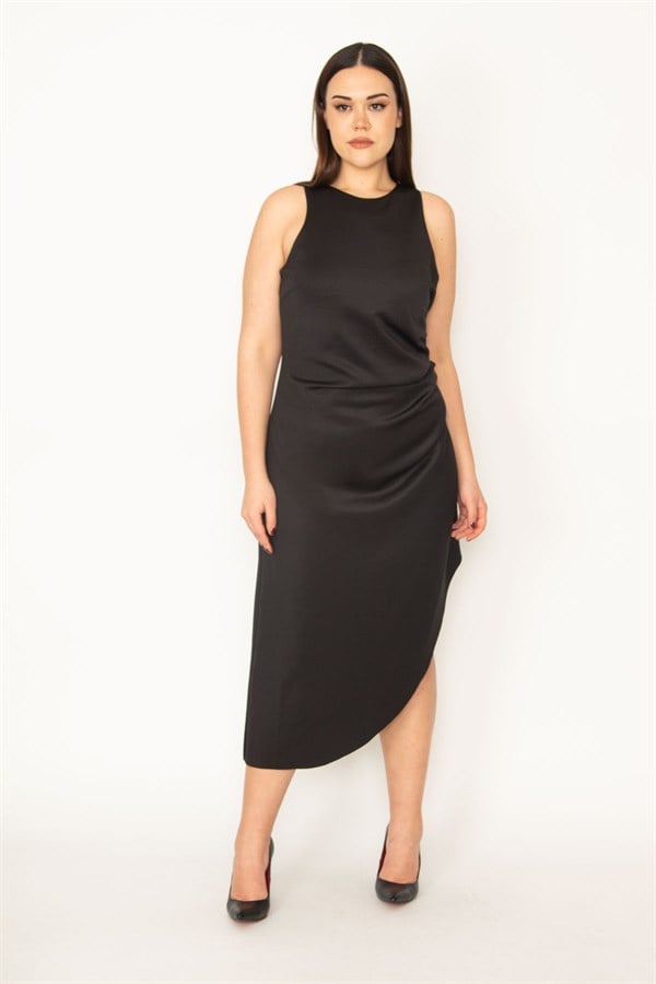 WOMEN'S BLACK DRESS WITH ASYMMETRIC WAIST PLEATED SKIRT AND HIDDEN ZIPPER AT THE BACK