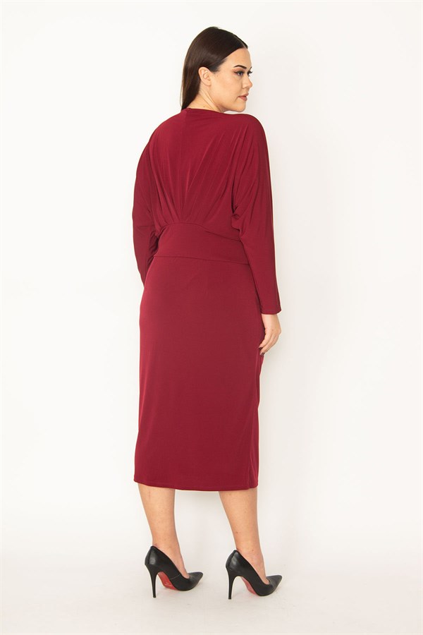 KADIN BORDO GÖĞÜS VE BEL DETAYLI ELBİSE