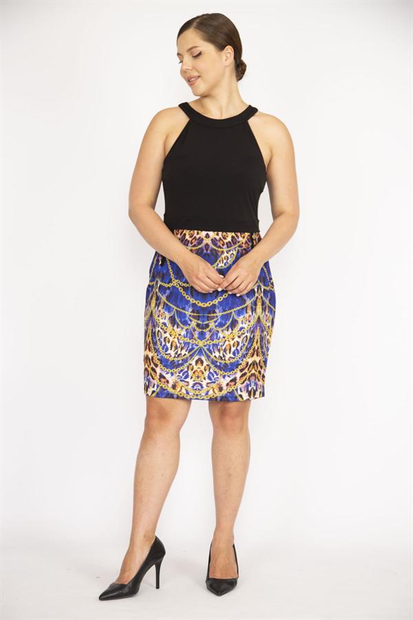 KADIN SİYAH HALTER YAKA SÜS DÜĞMELİ ETEĞİ DESENLİ ELBİSE