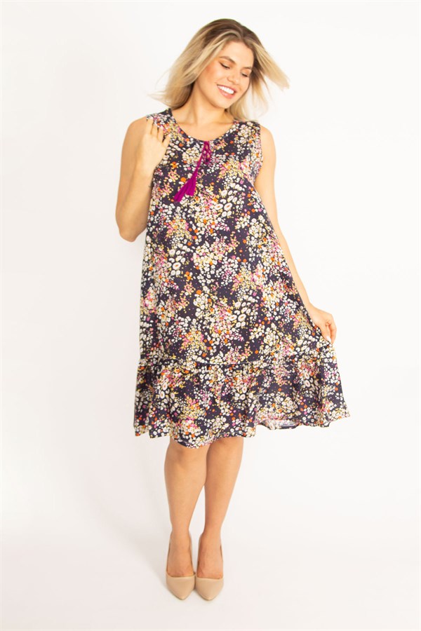 Kadın Lacivert Dokuma Viskon Kumaş Etek Ucu Katlı Elbise 65N34438