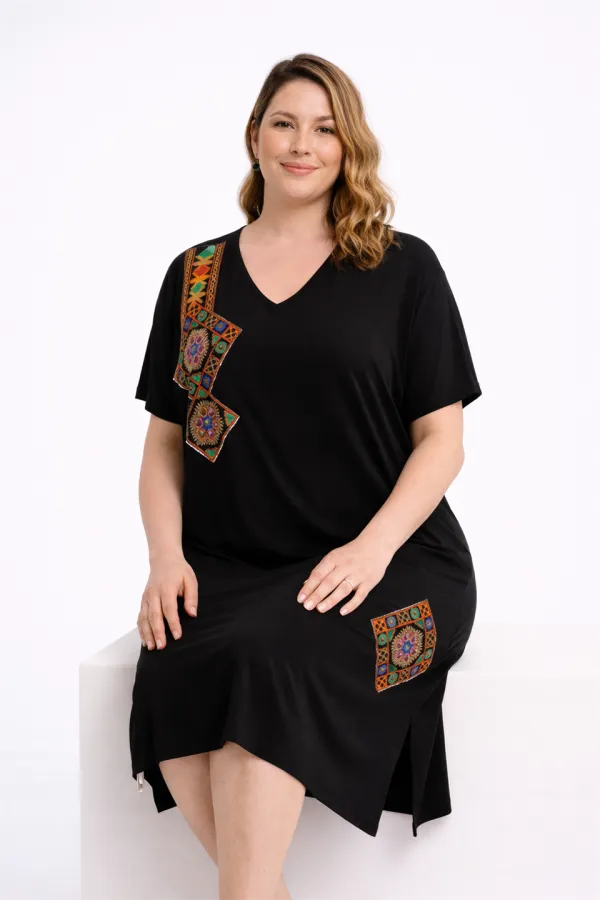Kadın Büyük Beden Siyah, Nakış Rahat Kesim Elbise 65N39442
