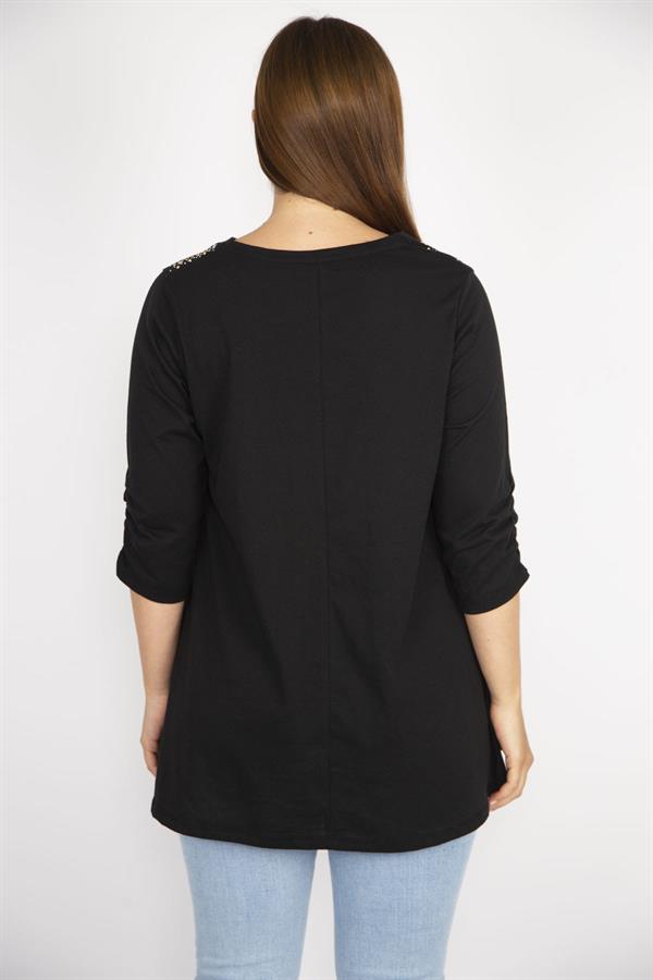 Kadın Siyah Büyük Beden Taş İşli V Yaka Kolu Lastik Büzgülü Bluz