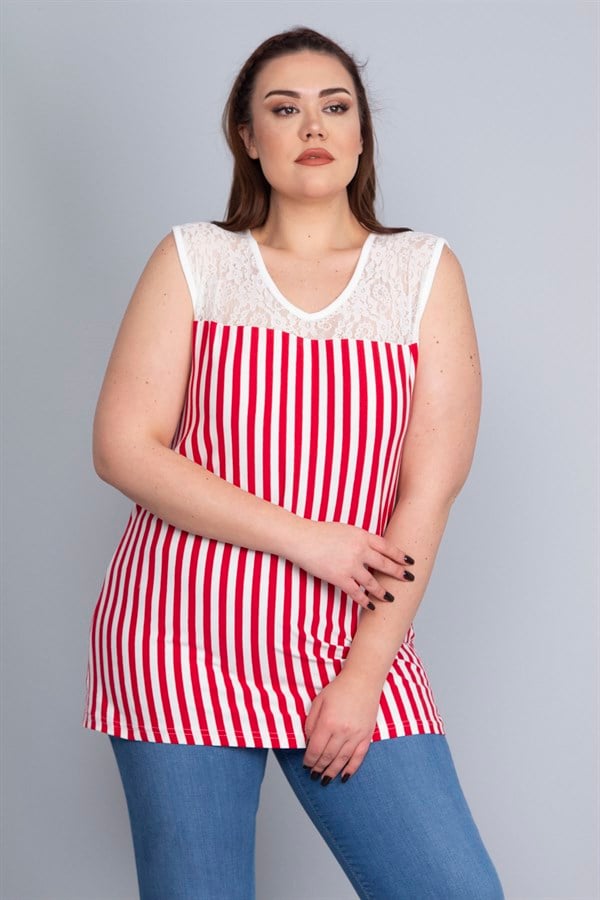 Kadın Kırmızı Robası Dantel Detaylı Çizgili Viskon Bluz 65N22750