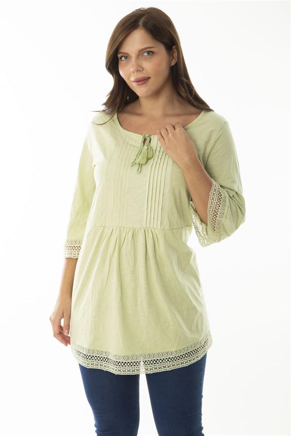 Kadın Büyük Beden Yeşil Kol Ağzı Ve Etek Ucu Dantel Detaylı Nervül Dikişli Tunik 65N36876