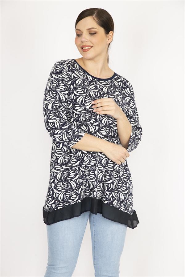 Kadın Lacivert Büyük Beden Etek Ucu Şifon Garnili Tunik