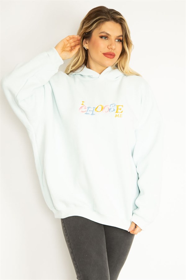 Women's Blue 3-Thread Polar Fleece Embroidery Detailed Hooded Sweatshirt 65N35078