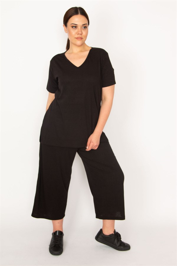 Kadın Fujya Kaşkorse Örme Beli Lastikli Geniş Paçalı Pantolon V Yakalı Bluz Takım 65N32939