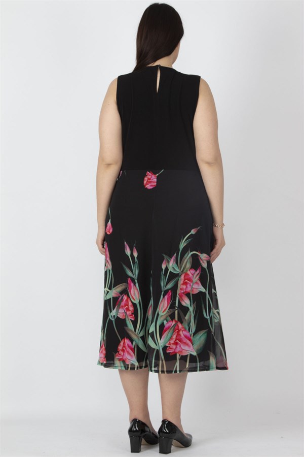 Kadın Siyah Etek Kısmı Şifon Astarlı Anvelop Çiçek Desenli Elbise 65N26735