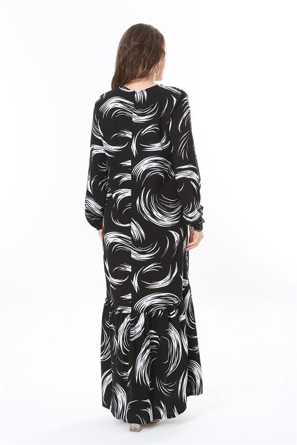 Kadın Büyük Beden Siyah Dokuma Viskon Kumaş Etek Ucu Katlı Uzun Kollu Elbise 65N37958