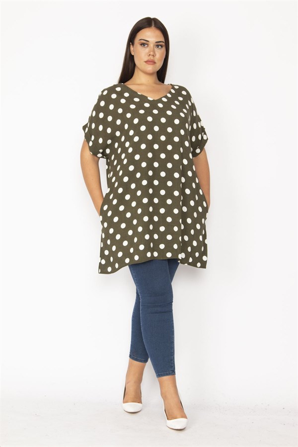 Kadın Haki V Yakalı Duble Kollu Puan Desenli Tunik 65N35337