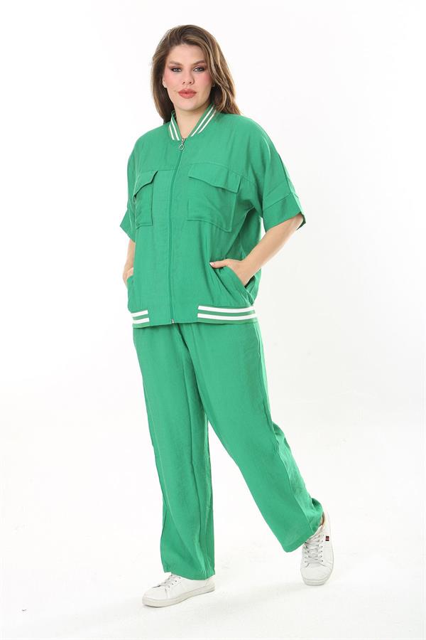 Kadın Büyük Beden Nar Ön Fermuarlı Ribanalı Tunik Ve Pantolon İkili Takım 65N37877