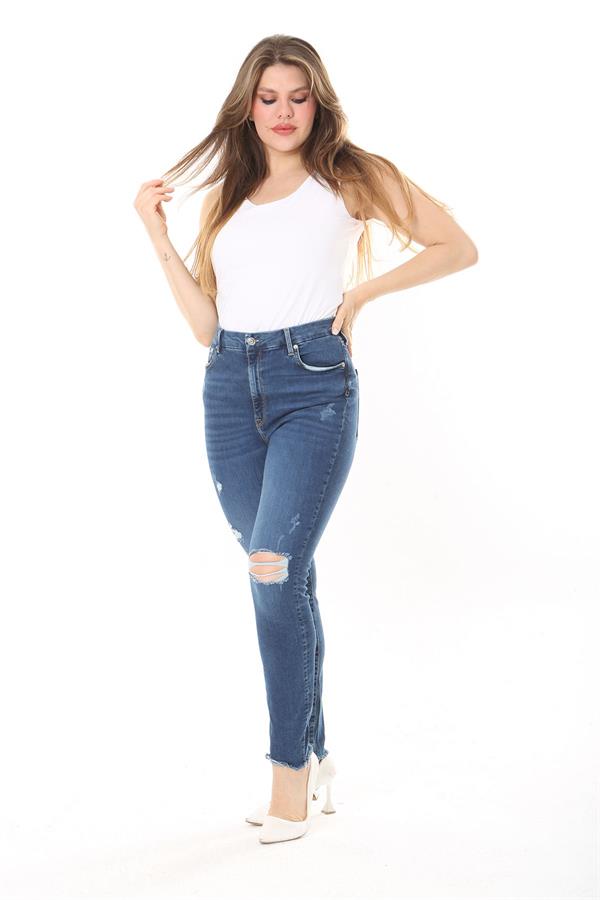Kadın Büyük Beden Lacivert Yüksek Bel Yırtık Detaylı Skınny Kot Pantolon 65N38030