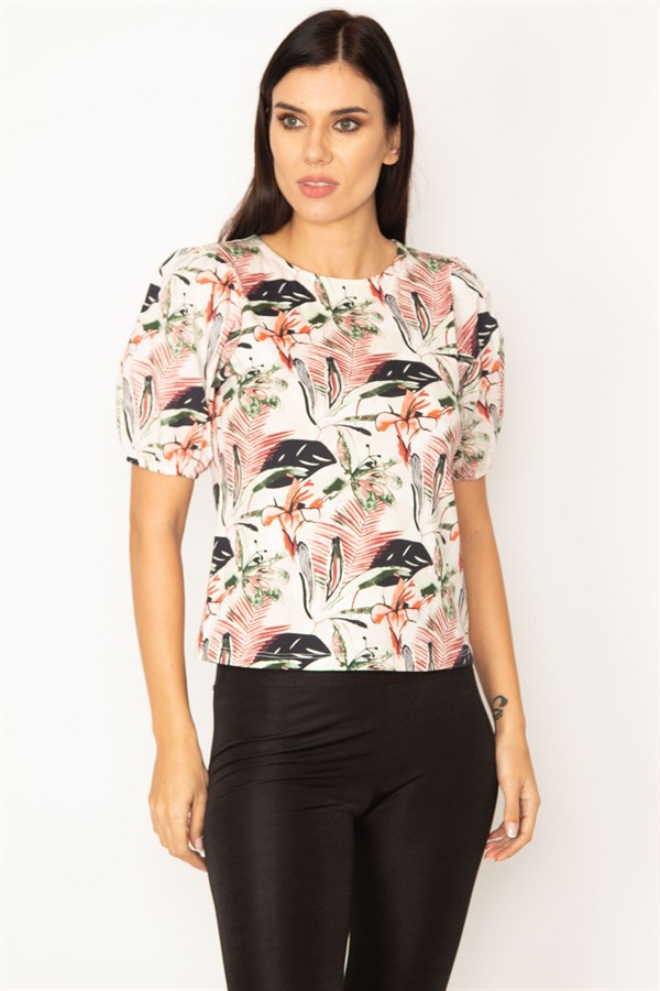 KADIN RENKLİ ÇİÇEK DESENLİ KOL DETAYLI BLUZ