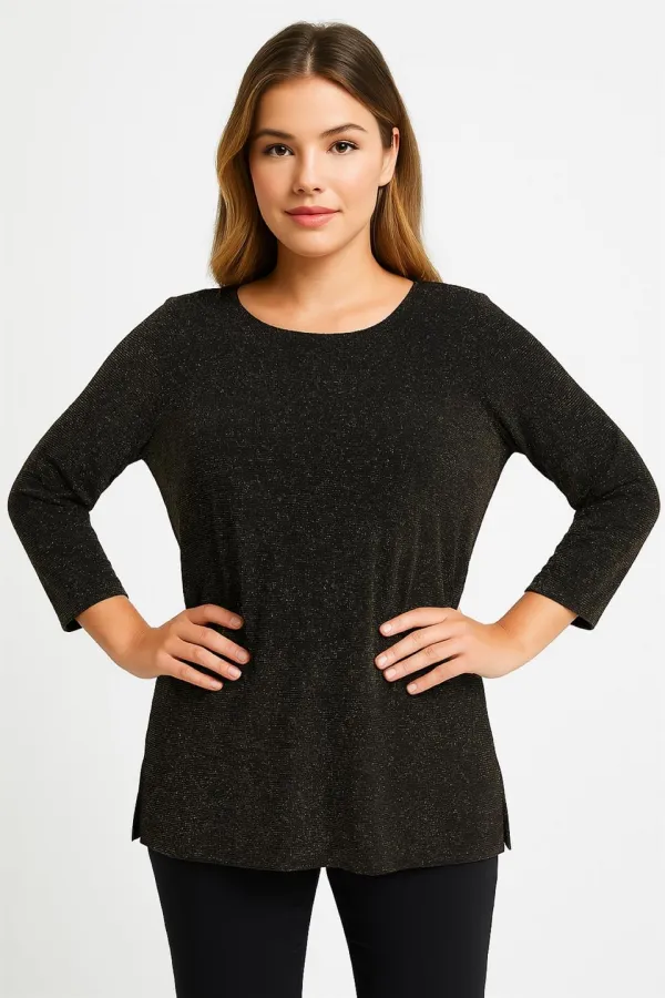 Chemisier noir grande taille pour femme avec détails à paillettes dorées, manches 3/4, 65N39240