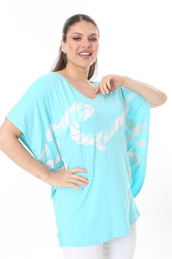 Kadın Büyük Beden Haki Renk Kombinli Uzun Kollu Tunik