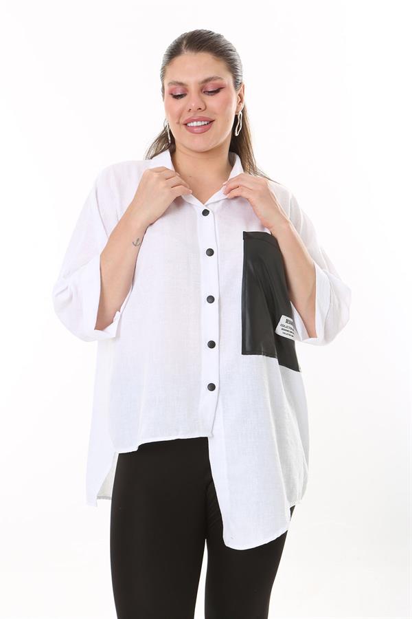 Chemise en similicuir grande taille pour femme, fermeture à boutons-pression, poche et détail sur le devant 65N37698 Chemise en similicuir grande taille pour femme, fermeture à boutons-pression, poche et détail sur le devant 65N37698