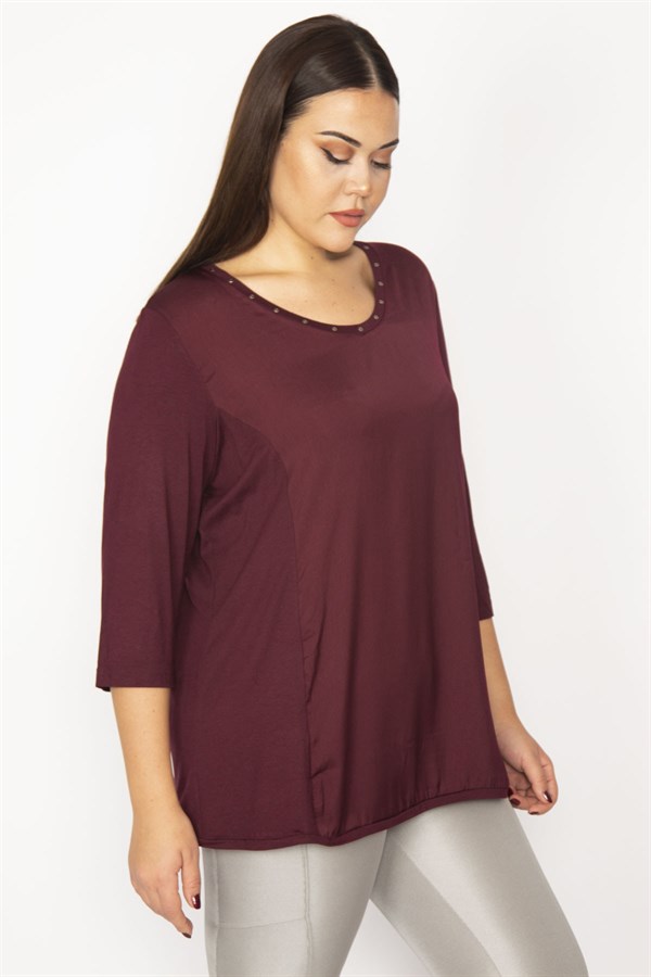 Kadın Mürdüm Yakası Taş Detaylı Kapri Kollu Bluz 65N29285