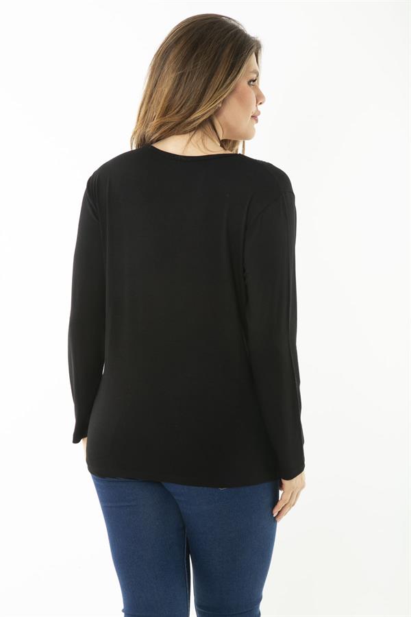 Kadın Büyük Beden Saks V Yakalı Taş Detaylı Uzun Kollu Bluz 65N37153