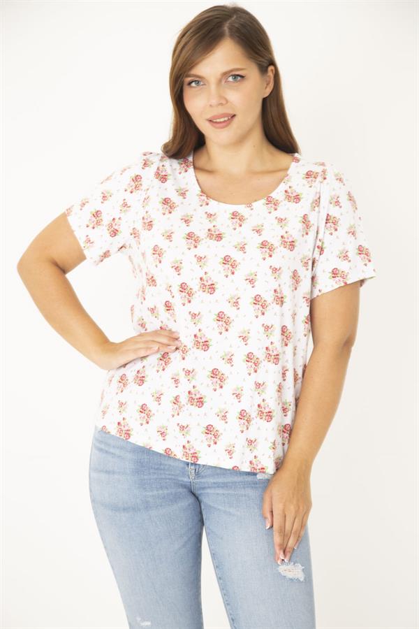 Kadın Büyük Beden Kemik Pamuk Kumaş Bisiklet Yakalı Desenli Bluz 65N36922