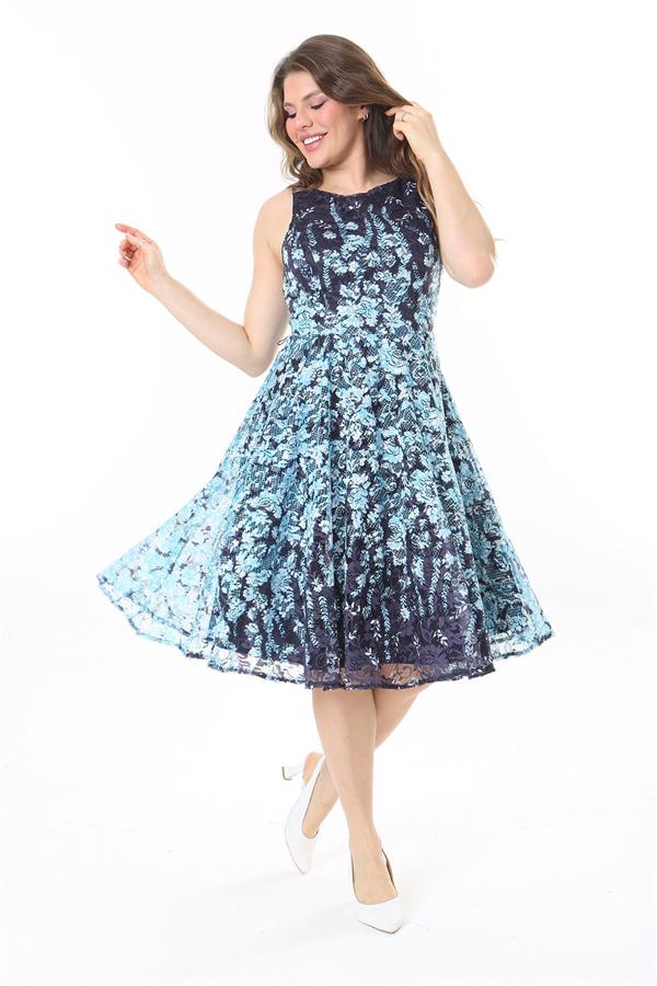 Kadın Büyük Beden Mavi Arka Fermuarlı Astarlı Dantel Elbise 65N37983