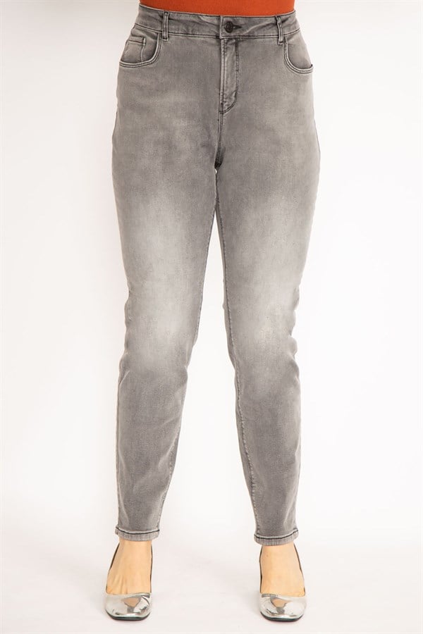Kadın Gri Yıkama Efektli Likralı Kot Pantolon 65N35251