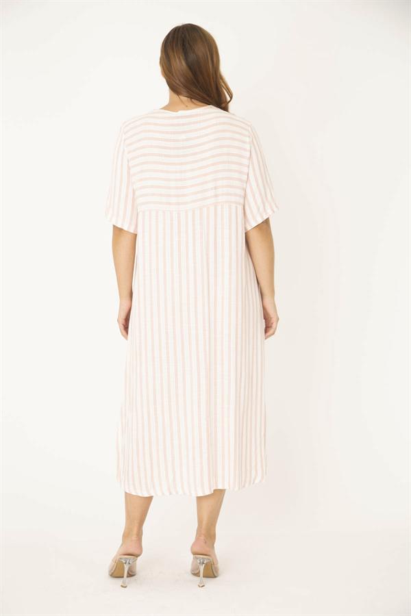 Kadın Büyük Beden Pembe Yakası Dantel Detaylı Çizgi Kombinli Elbise 65N36787