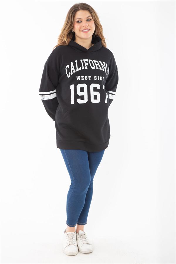 Kadın Büyük Beden Haki İçi Şardonlu Üç İplik Kapşonlu Sweatshirt 65N37290