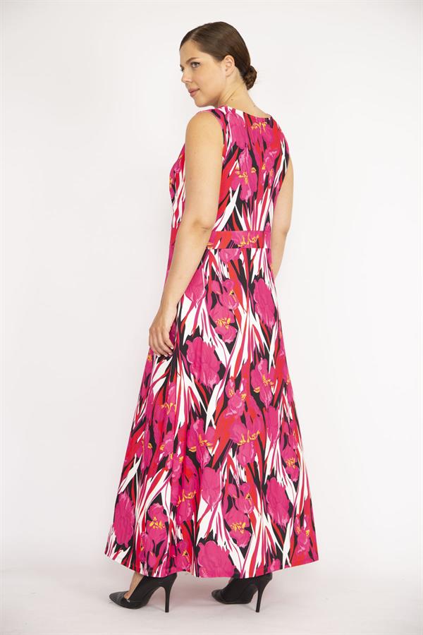 Kadın Büyük Beden Fujya V Yakalı Kolsuz Uzun Elbise