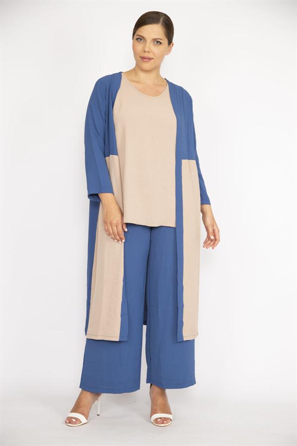 Kadın Büyük Beden İndigo Hırka İç Bluz Ve Pantolon Üçlü Takım