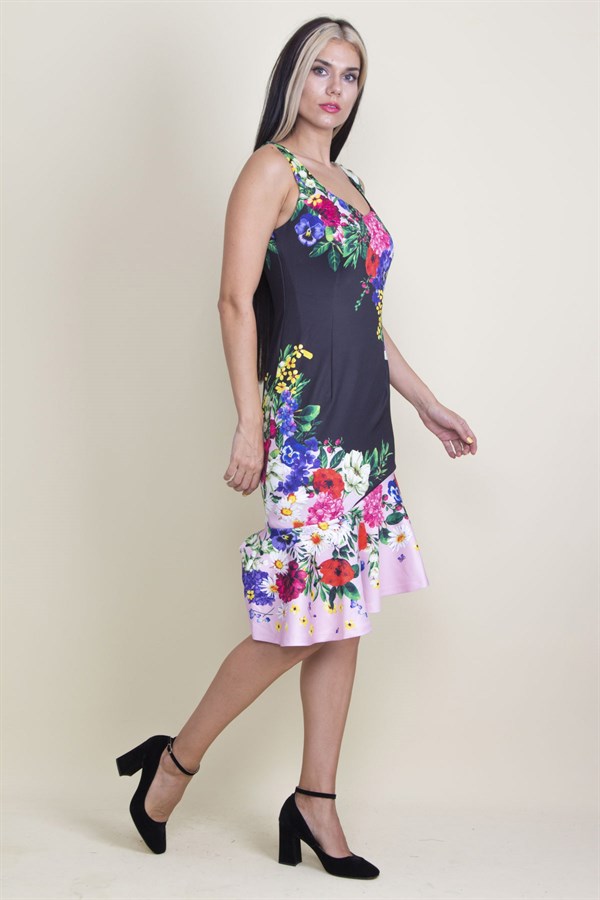 ETEĞİ VOLANLI ÇİÇEK DESENLİ ELBİSE