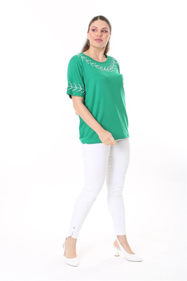 Kadın Büyük Beden Beyaz İnci Ve Nakış Detaylı Kısa Kollu Bluz 65N37677