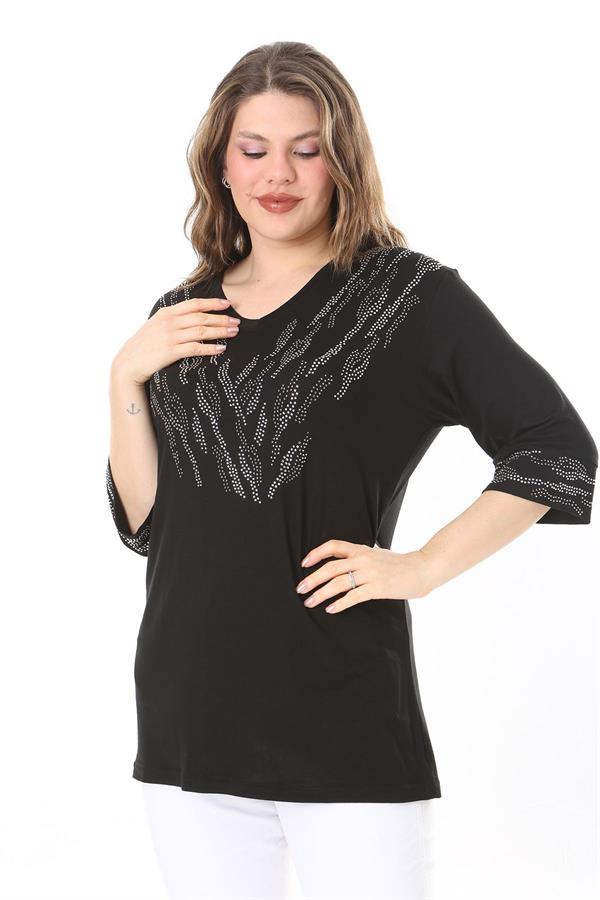 Kadın Büyük Beden Siyah Taş Detaylı Bluz     65N37976