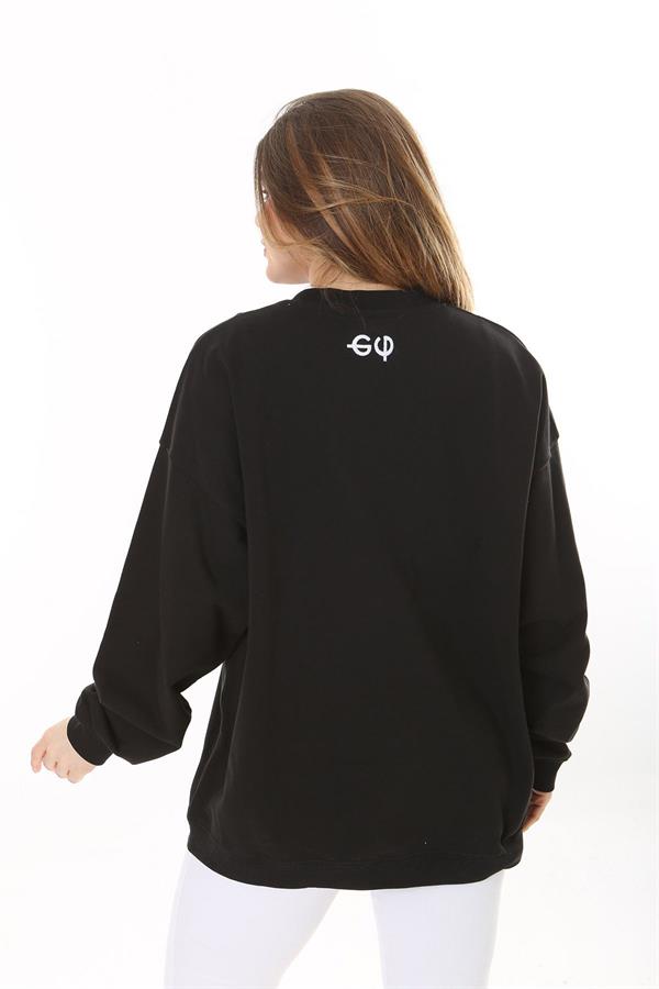 Kadın Büyük Beden Siyah Pamuk Kumaş Nakışlı Sweatshirt 65N37617