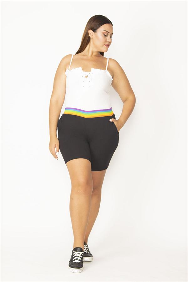 Kadın Büyük Beden Siyah Pamuklu Kumaş Beli Renkli Lastikli Cepli Şort 65N36780