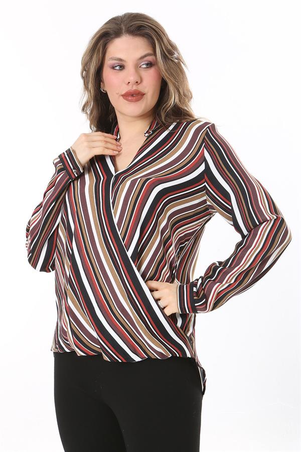 Kadın Büyük Beden Bej Dokuma Viskon Kumaş Kapalı Anvelop Bluz 65N37614