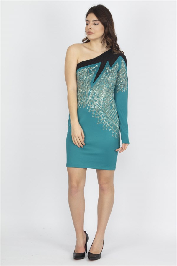 ROBE DE SOIRÉE FEMME EN TULLE VERT ET DÉTAILS PIERRES