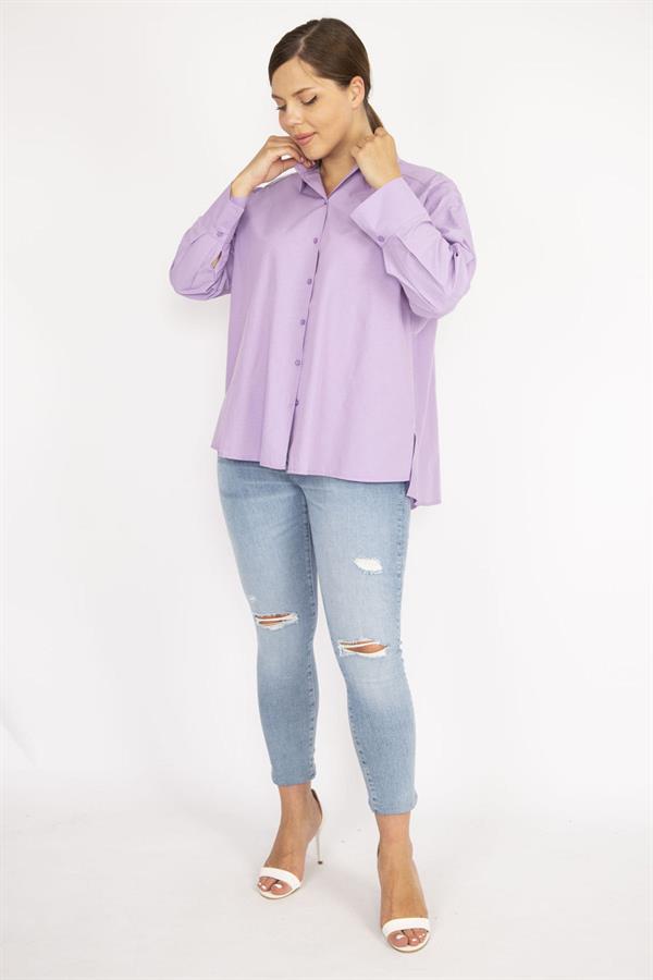 Kadın Büyük Beden Lila Poplin Kumaş Ön Düğmeli Yan Yırtmaçlı Uzun Kollu Gömlek 65N36798