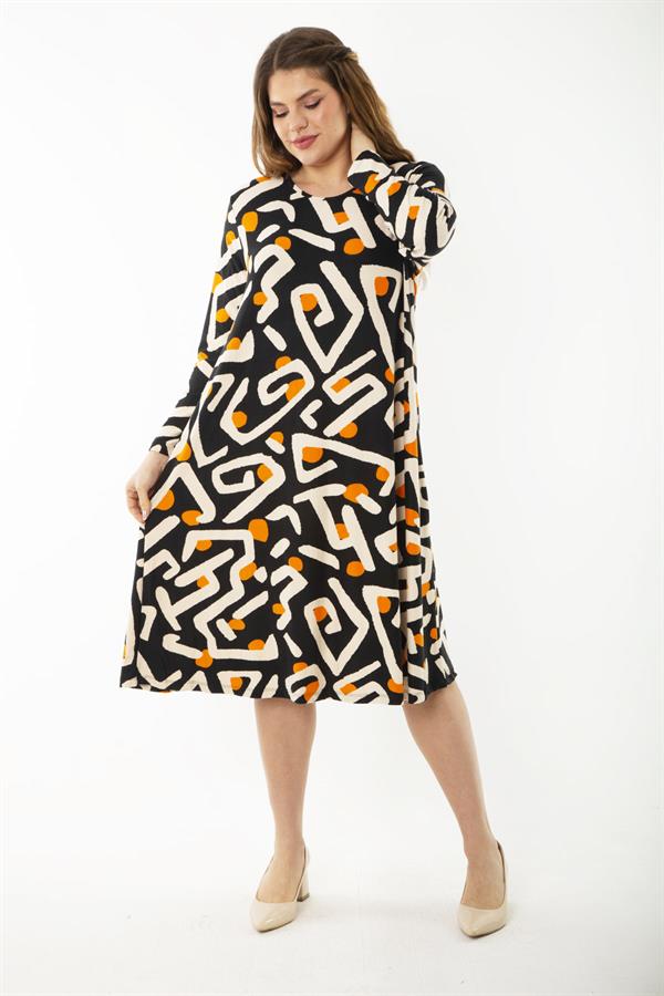 Kadın Büyük Beden Renkli Uzun Kollu Desenli Elbise 65N37191