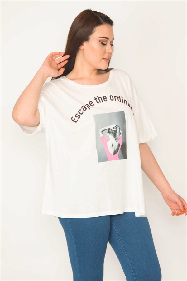 KADIN KEMİK RAHAT KESİM BİSİKLET YAKA ÖN BASKILI BLUZ