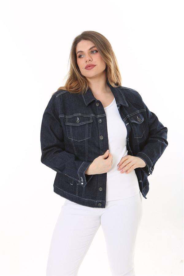 Kadın Büyük Beden Lacivert Ön Düğmeli Likralı Kot Mont 65N37576