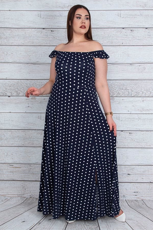 KADIN LACİVERT YAKA VE ASKILARI LASTİK DETAYLI PUAN DESENLİ YIRTMAÇLI UZUN ELBİSE